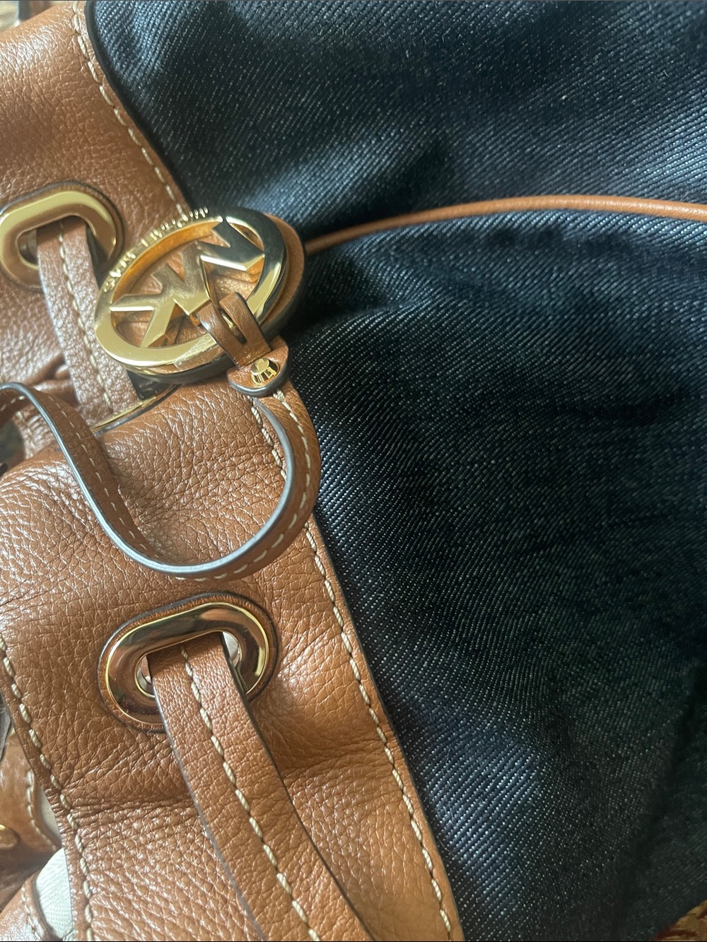Michael Kors Tan Leather & Dark Denim Tote with Gold Hardware large bag - Picture 10 of 11